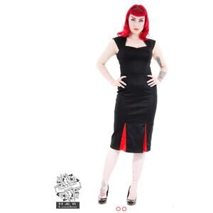 Hearts & Roses Black Red Pleats Pencil Dress Size UK L US L Rockabilly Retro